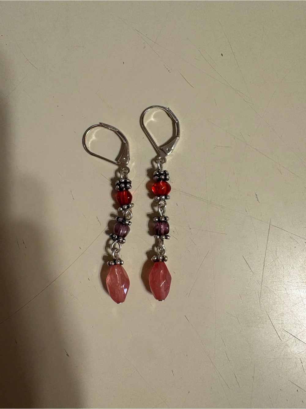 Handmade Pink and Red Beaded Drop Earrings